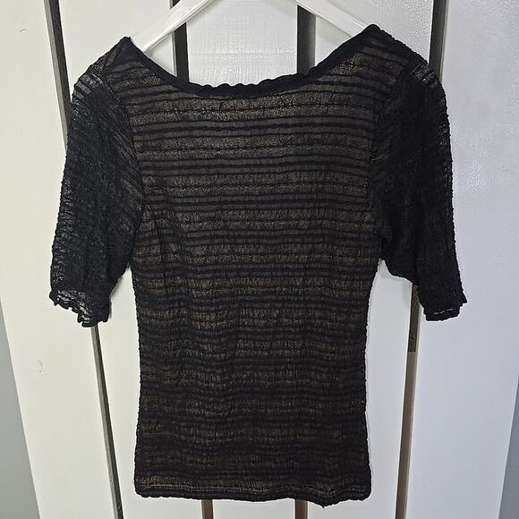 Studio M‎ Fitted Sheer Mesh Sheer Black Beige Scoop Neck Shirt XL Y2K Whimsigoth - Picture 2 of 8